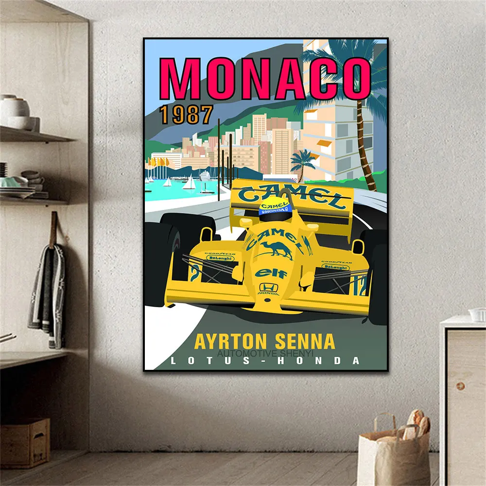 

MONACO 1987 Ayrton Senna Grand Prix Race Car Vintage Poster Print On Canvas Painting Home Decor Wall Picture For Living Room