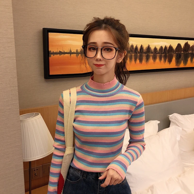 Winter Rainbow Knitted Women Sweaters And Long Sleeve Turtleneck Casual Pullovers Sueter Mujer Tops Korean Striped Acrylic Jumpe