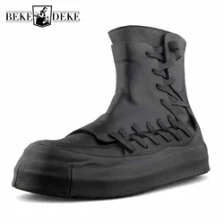 Harajuku Black High-Top Shoes Men Autumn Personality Genuine Cow Leather Desert Ankle Boots Luxury Round Toe Platform Sneakers