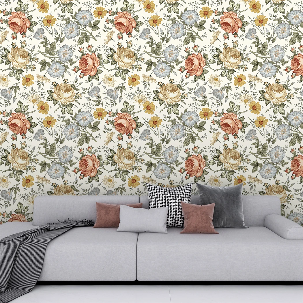 Multicolor Peony Daisy Peel and Stick Wallpaper Beige Flower Self Adhesive Wallpaper Waterproof Wall Mural For Home Decoration