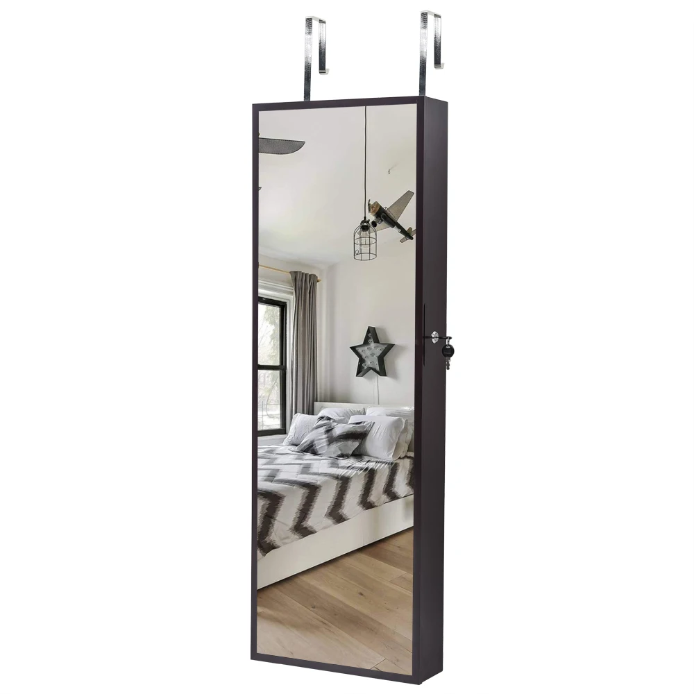 Dressing Mirror Full Body Jewelry Cabinet Full Mirror Wooden Wall Mounted 3-Layer Shelf 17 Cosmetic Brush Holders With  Mirror