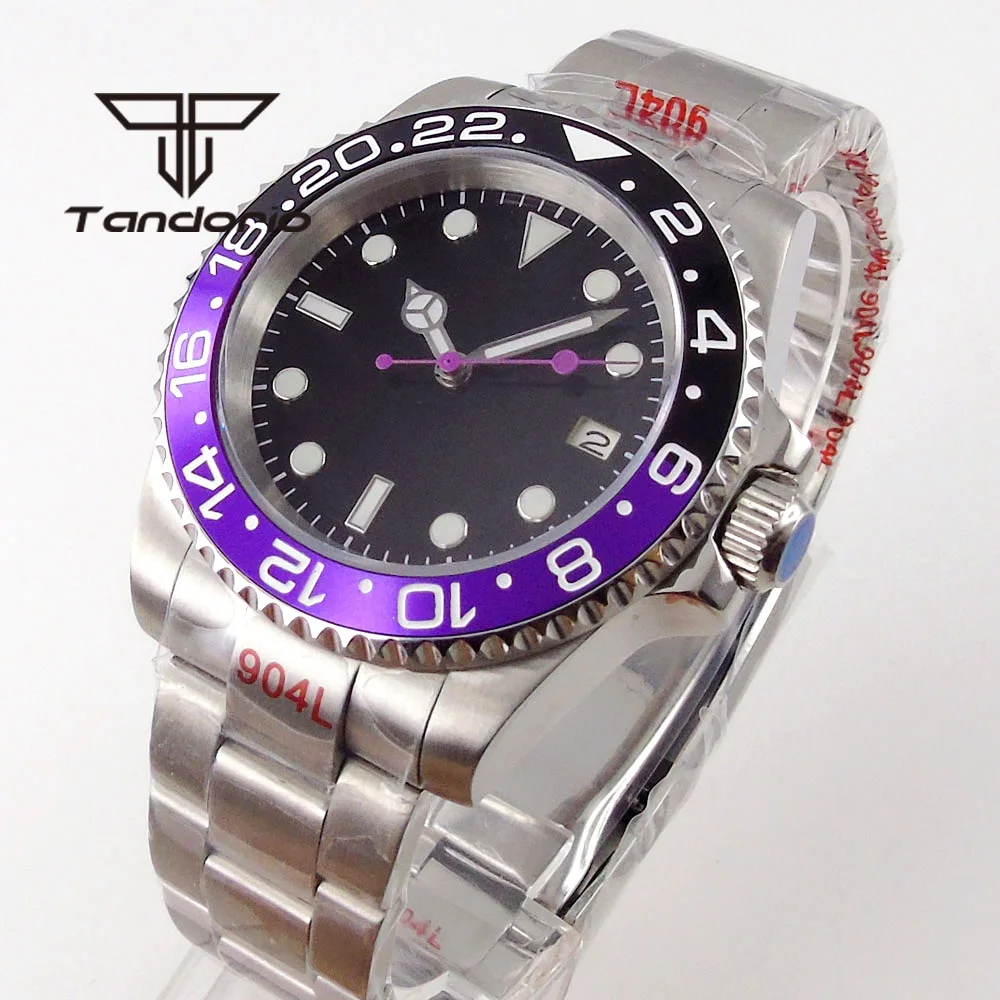 NH35A 40mm Automatic Men's Watch Sapphire Glass Auto Date Luminous Dial Black Purple Turning Bezel Bracelet Screwdown Crown