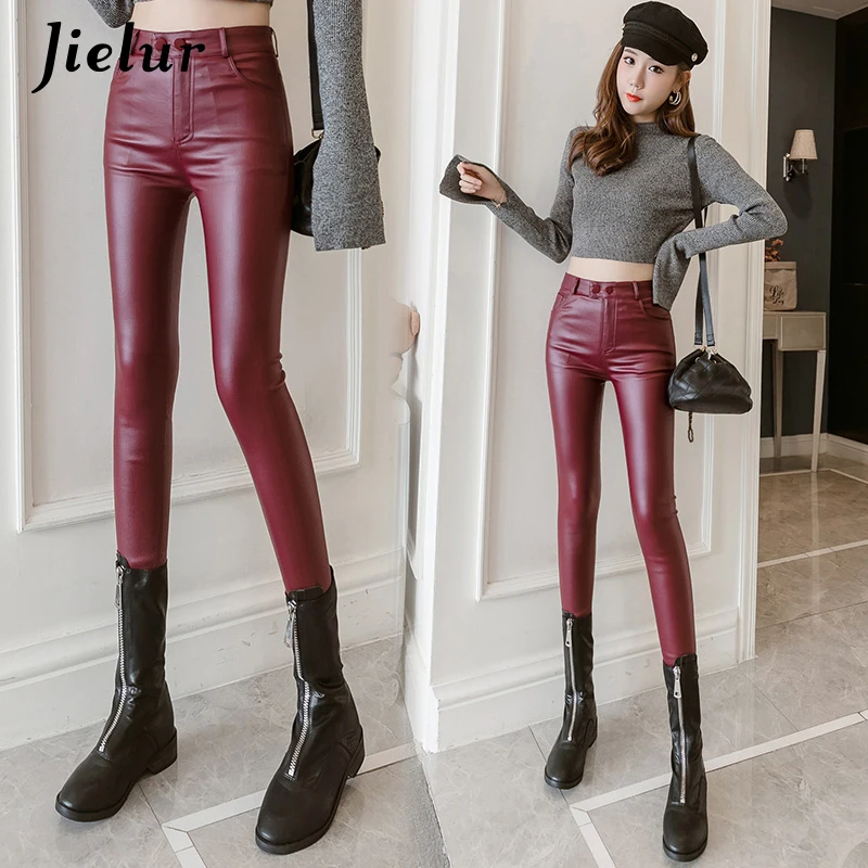 Jielur PU Faux Cuir Leggings Femmes Maigre Argent Rouge Noir Pantalon Femme Dame S-3XL Mince/Sourire Crayon Leggins Bubble Butt