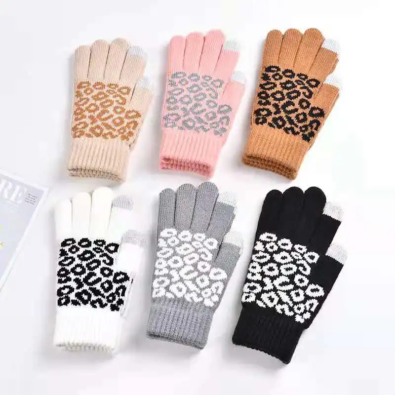 Women Winter Touch Screen Leopard Jacquard Knitted Woolen Gloves Fashion Personality Keep Warm Thicken Drive Cycling