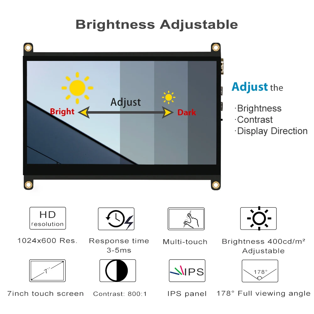 Novo 7 monitors monitors monitores de tela sensível ao toque módulo lcd com alto-falantes, 1024x600 7 polegada tft lcd tela sensível ao toque, para raspberry pi 4 3 janelas