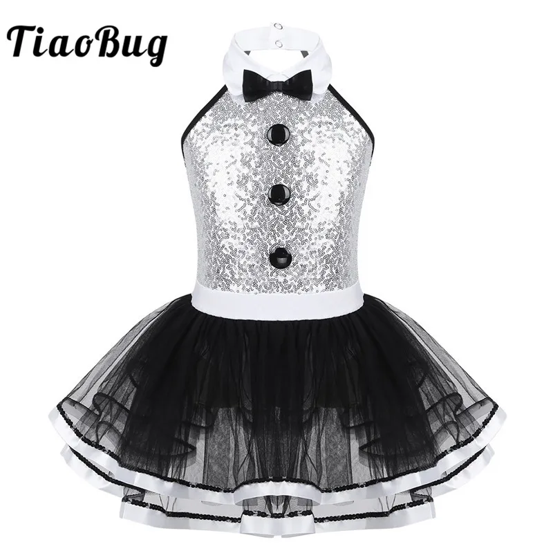 TiaoBug Kids Sleeveless Shiny Sequins Mesh Tutu Ballet Dress Girls Gymnastics Leotard Children Modern Performance Dance Costume