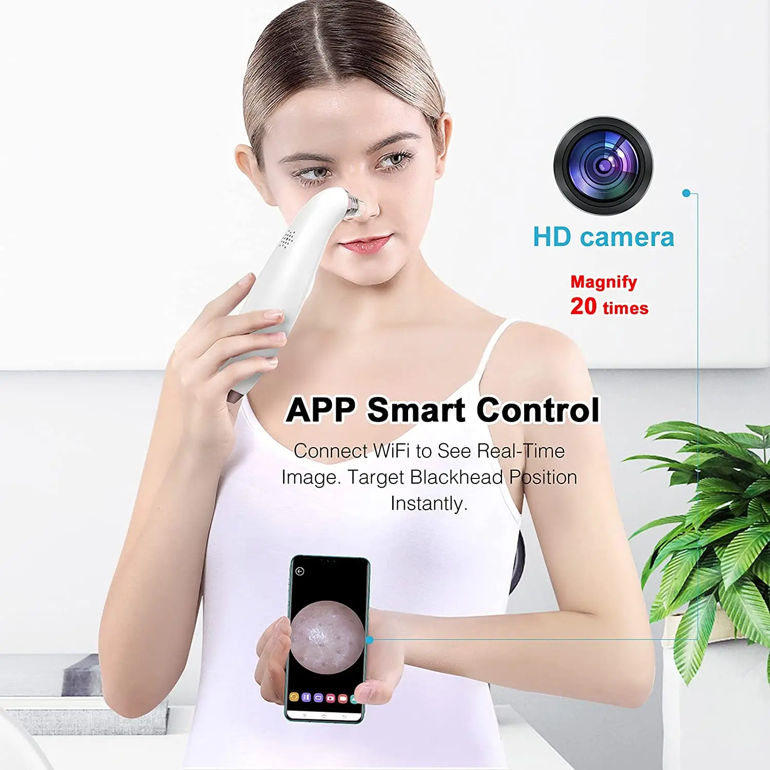 블랙헤드 제거제 모공 진공(카메라 포함) - 업그레이드된 얼굴 모공 클렌저 Wifi 실시간 비주얼(조절 가능한 흡입 3개 및 프로브 5개 포함)