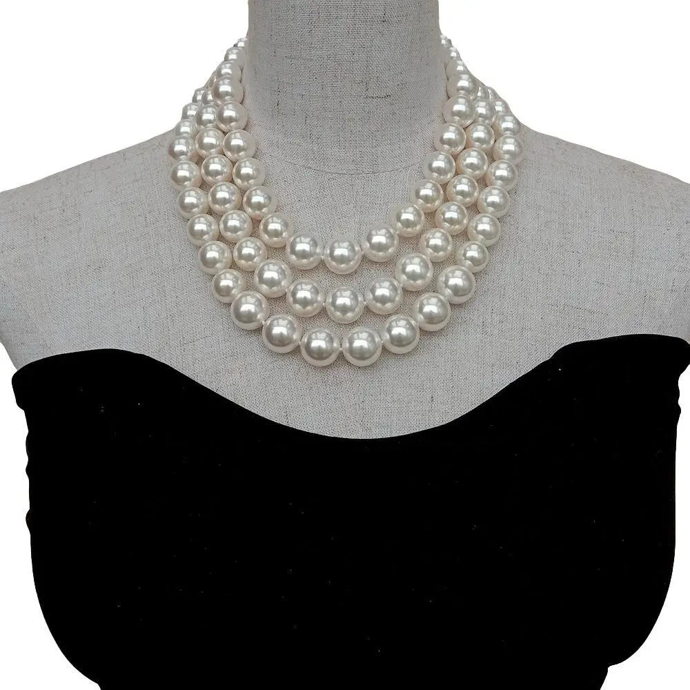 Y·YING 3 Rows White Sea Shell Pearl Graduated Necklace Multi Layers Jewelry