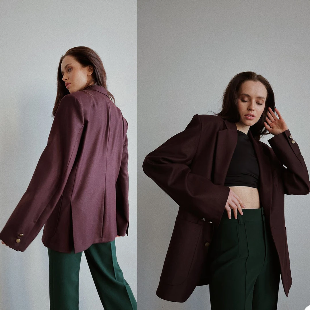 Vintage Burgundy kobiety marynarka elegancka moda dwa guziki proste klapy kurtka 1 sztuka Casual codzienny płaszcz na zamówienie