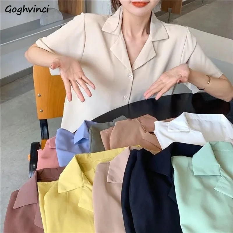 11 Colors Shirts Women Colorful Simple Notched Sweet Girls Korean Tops Leisure Short Sleeve Student All-match Version Female Ins