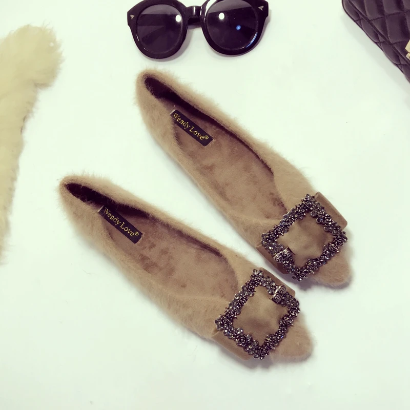 31-45 big size mink fur fur flats female new winter warm shoes woman pointy black furry moccasins plush cotton shoes for women 2