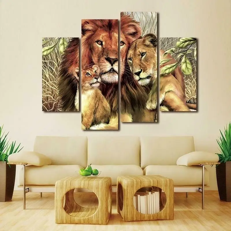 4 Panels Canvas Painting Print A Family of Three Lions Wall Art Painting The Picture Pictures for Home Decor Decoration