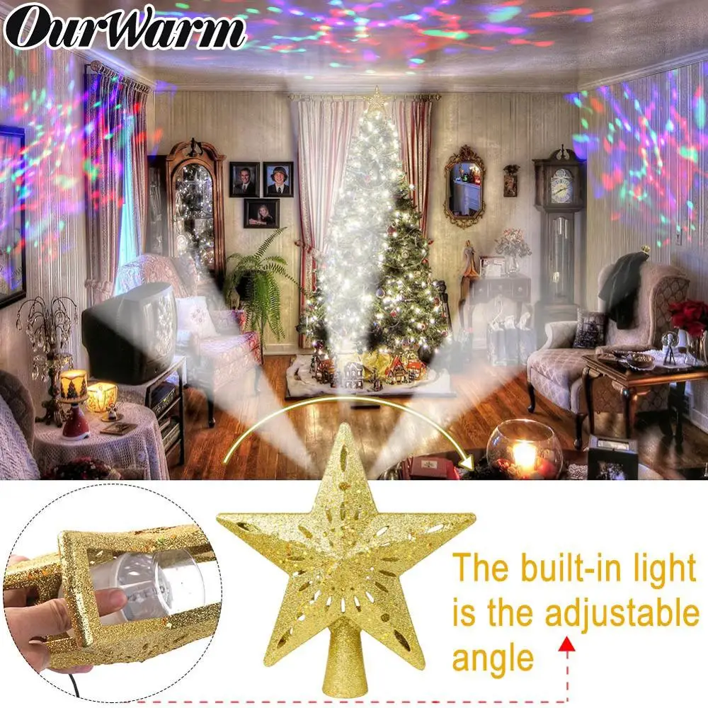 

OurWarm Christmas Tree Topper Glitter Lighted Star Tree Topper with Adjustable Rotating Magic Projector Christmas Decoration