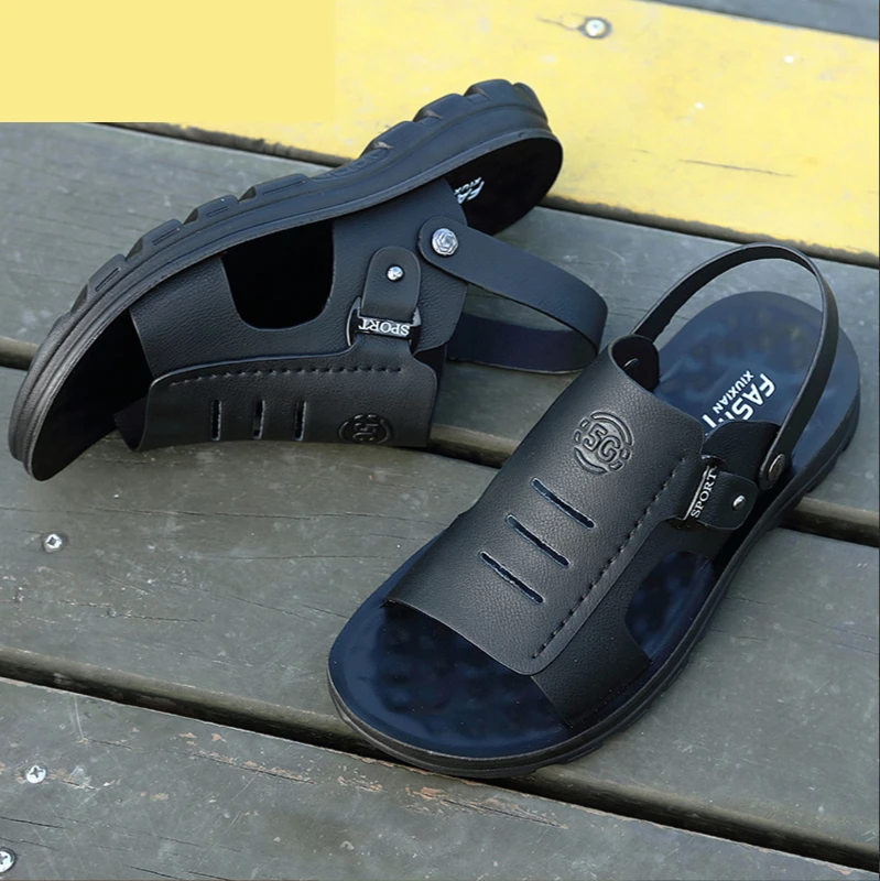 New Men's Trendy Casual Summer Sandals Beach Shoes Breathable Cowhide Outer Wear Dual-use Sandals and Slippers Wear-resistant