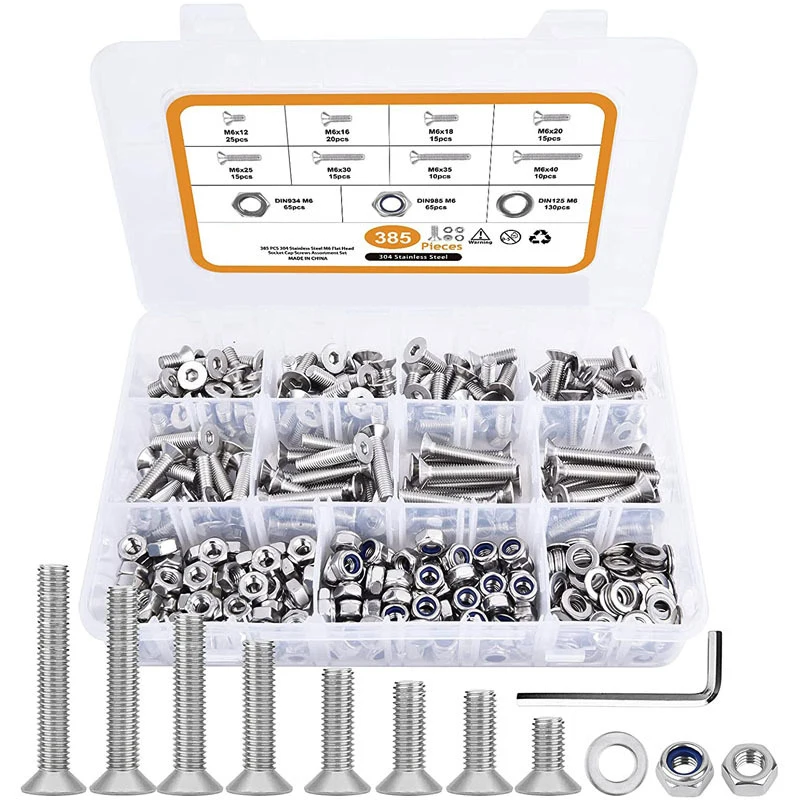 

385PC M6 Hexagon Hex Socket Countersunk Head Screws and Nut Assortment Kit Stainless Steel 304 Allen Key Bolts Flat Head DIN7991