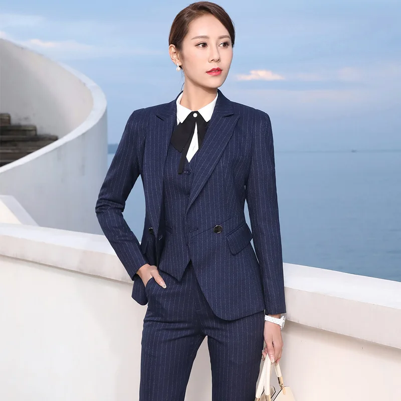 IZICFLY Autumn Spring New Style Blue Striped Office Suit For Women Blazer With Trouser Business Elegant Pants 2 Piece Set Outfit