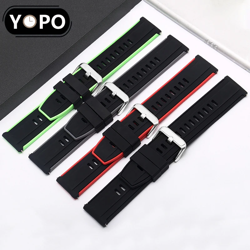 Two-sided color silicone strap 22mm black waterproof and soft rubber watchband for HUAWEI GT/Pro male wristband quick release