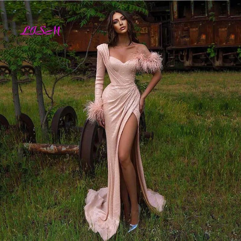 

Glitter Feathers Mermaid Evening Dress Beaded One Shoulder Sleeves Prom Formal Dress Side Split Sexy Girl Party Gowns