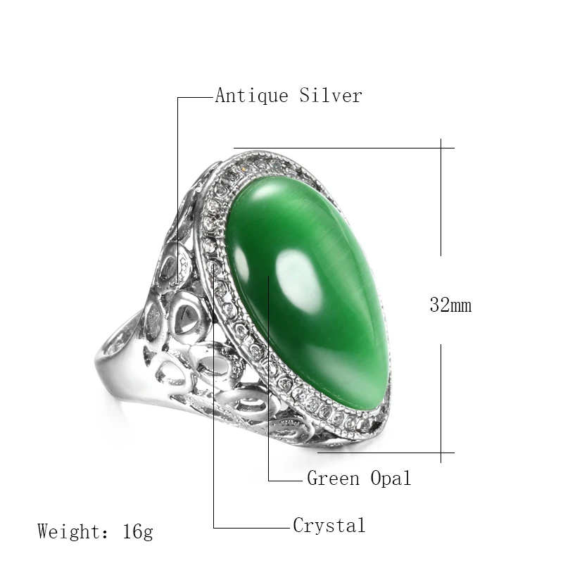 Kinel Female Water Drop Green Opal Big Rings Antique Silver Color Vintage Jewelry For Wedding Party Ring WK-2000