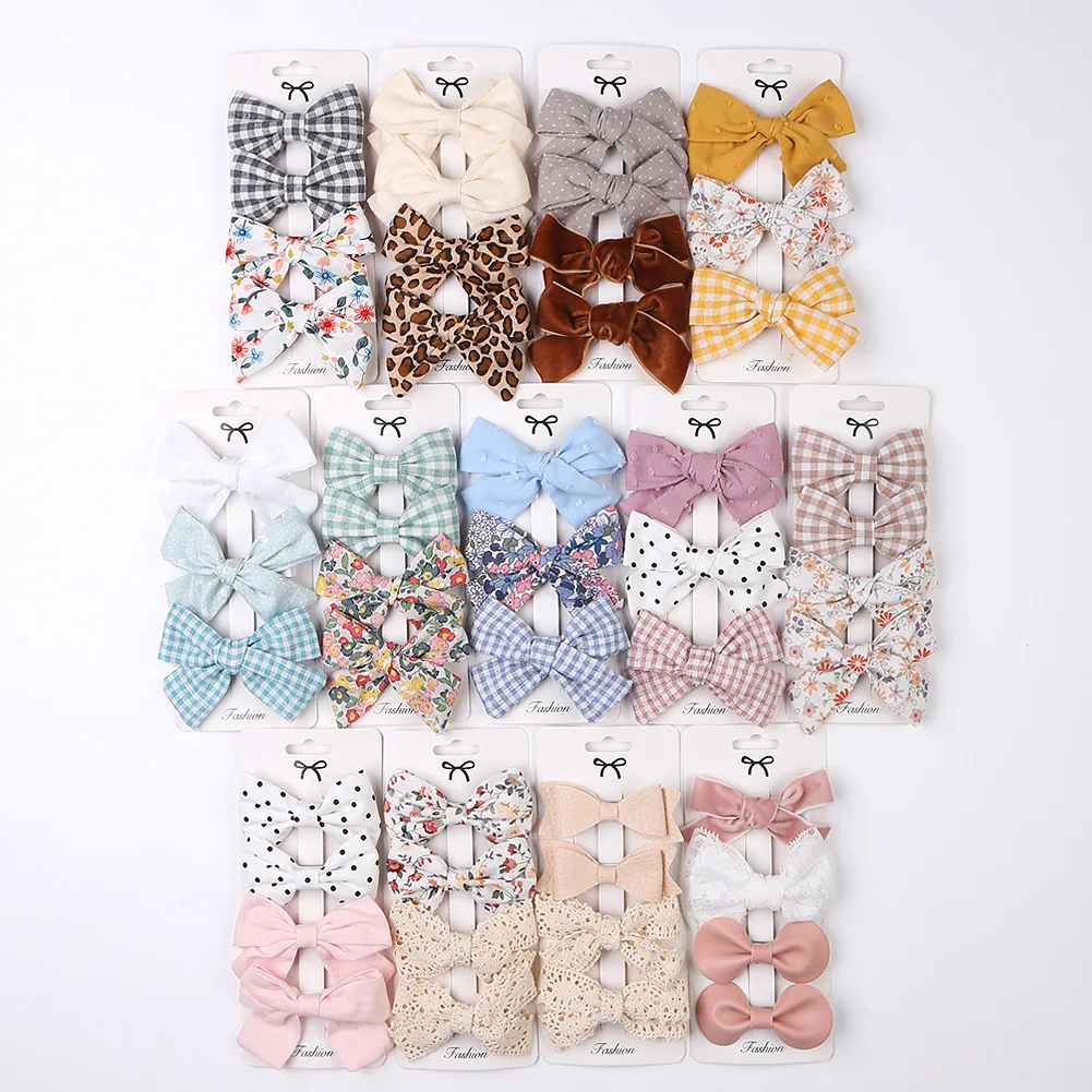 48PC/lot Baby Plaid Bowknot Hair Clips Lace Hair Bow Kid Girls Hairpins Princess Floral Prints Hair Bow Barrettes Props Headwear