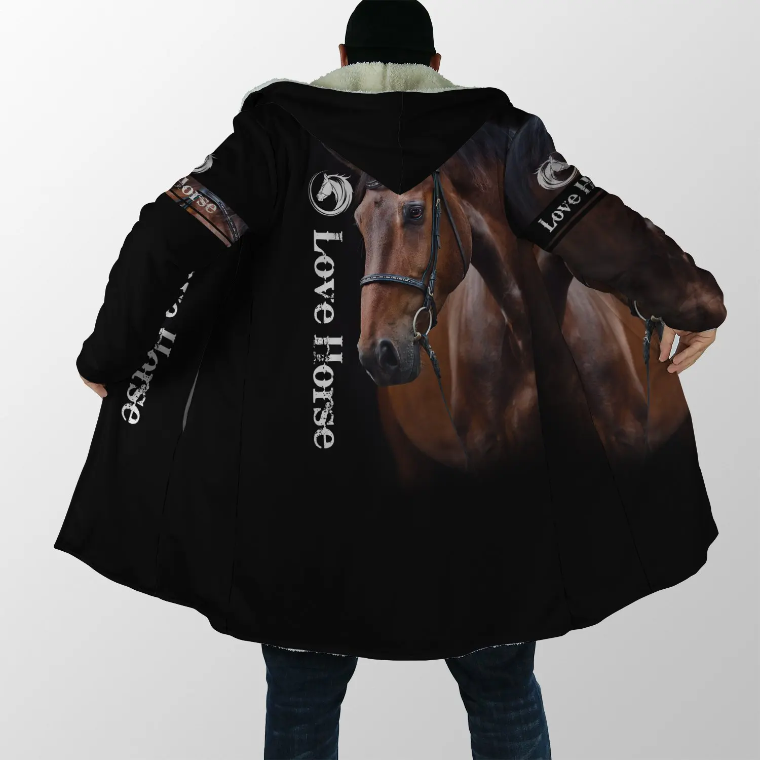 Drop shipping Winter Mens Cloak Animal Love Horse 3D Printing Fleece Hooded cloak Unisex Casual Thick Warm Cape coat PF36