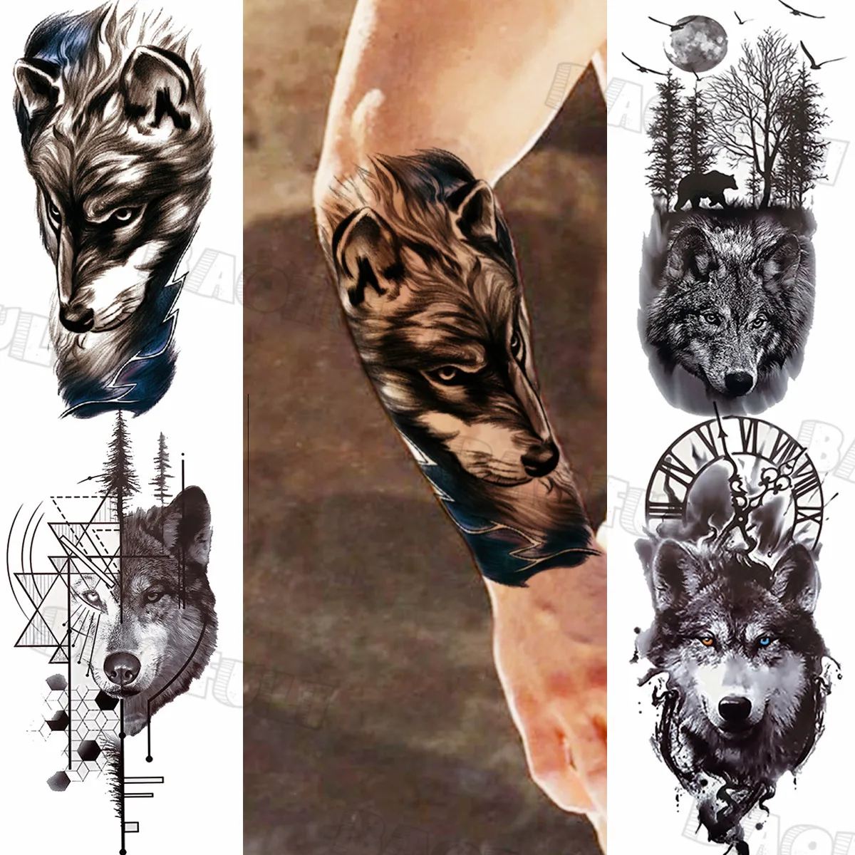 

Black Wolf Forearm Temporary Tattoos For Men Adult Geometry Wolf Compass Woods Fake Tattoo Realistic Animal Waterproof Tatoos