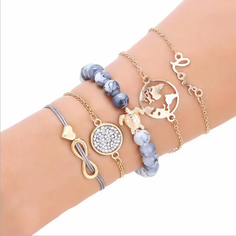 Vintage Turtle Heart Map Charm Bracelets For Women New Design Stone Infinity Bracelet Boho Jewelry Wholesale S2277