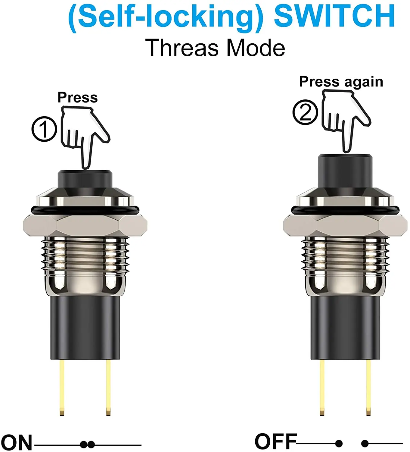 Push Button Switch, Self-locking Mini Switches Latching 10mm Round DC24V 0.5A Black Cap 5PCS