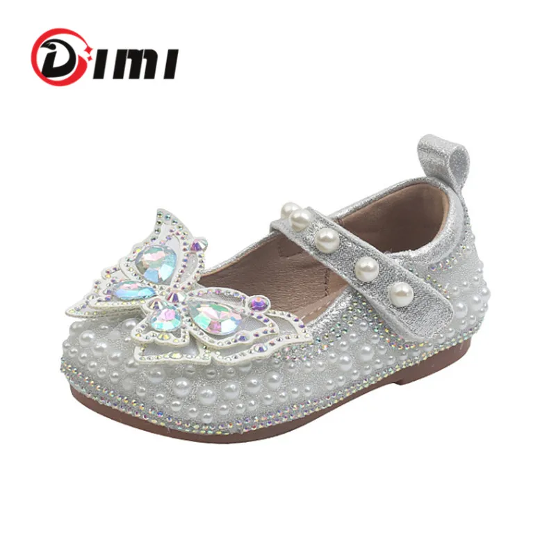 

DIMI 2023 Spring Children Girls Shoes Soft Comfortable Princess Shoes Fashion Cute Bow Rhinestone Shiny Kids Shoe For Girl