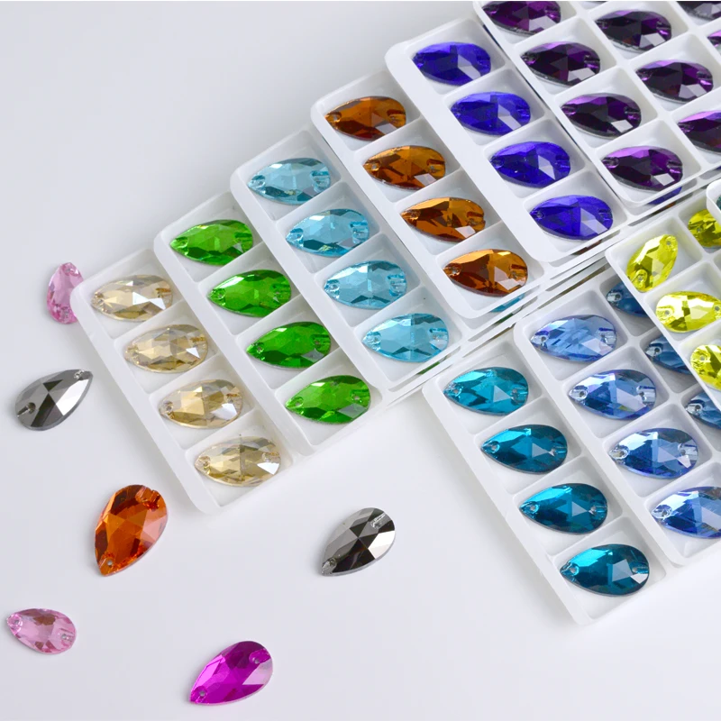 All colors sew-on rhinestones Water drops flatback sew on stone 2holes glass crystal for DIY wedding dress Accessories all size