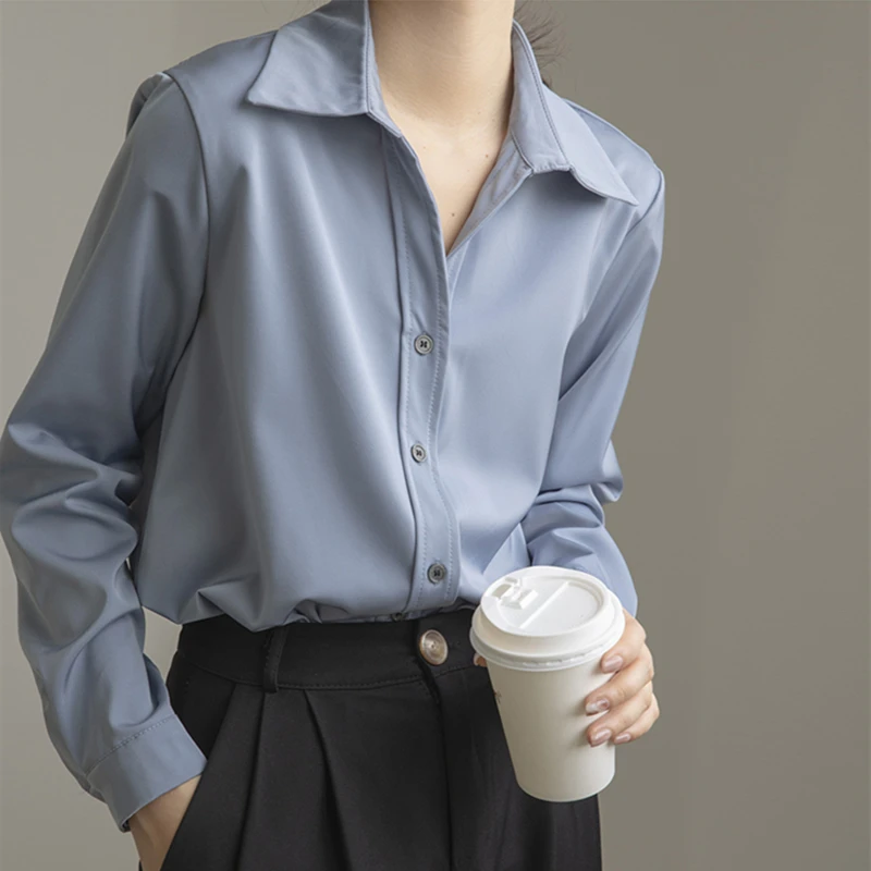 Seoulish 2021 New Spring Autumn Stain OL Style Formal Women's Blouse Turn-down Long Sleeve Shirts Female Workwear Elegant Tops