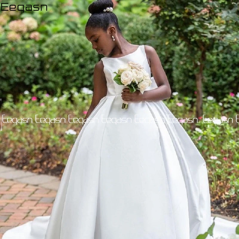 Vestido de fiesta largo blanco, vestidos de niña de flores con lazo grande en la espalda, vestido de princesa de satén para celebridades, vestido de fiesta de boda personalizado