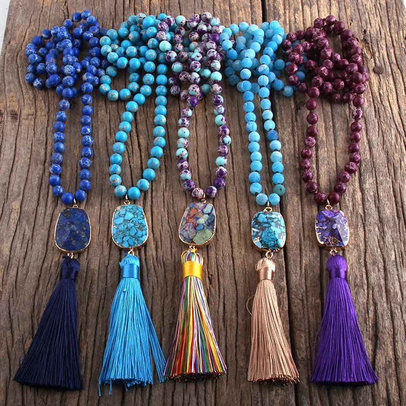 RH Fashion Bohemian Jewelry Natural Stones Knotted  Stone Links Tassel Necklaces Women Necklace Gift Drop Shipping