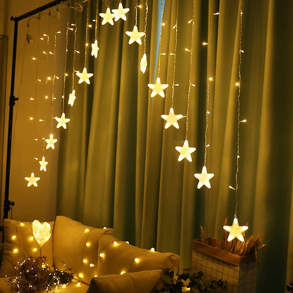 Guirlande lumineuse rideau d'étoiles, 2.5M, 120led, prise ue, pour noël, fête, mariage, nouvel an, décoration extérieure, féerique