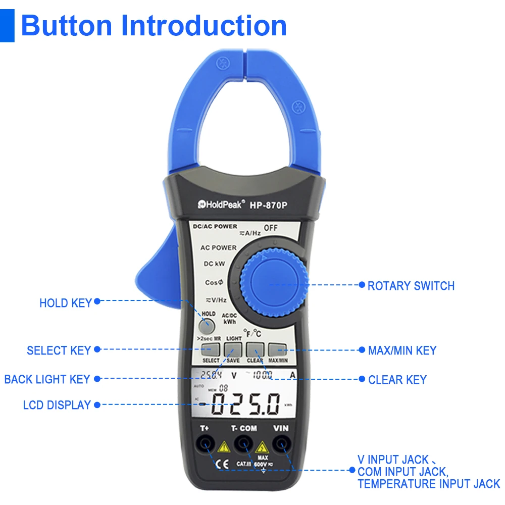 Imagem -04 - Holdpeak-ac dc Power Clamp Meter Hp870p Voltímetro Amperímetro 999.9a Multímetro Eletrônico Diagnóstico de Energia Ativa