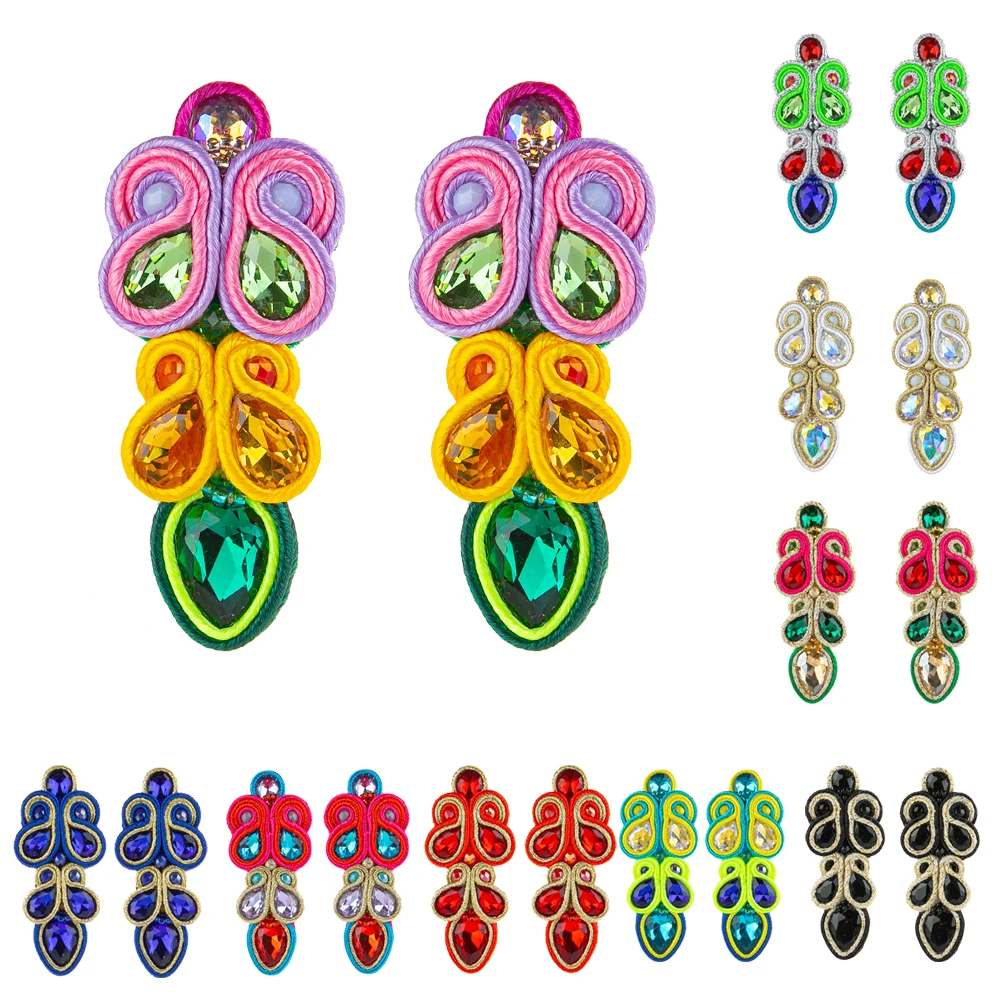 

Ethnic boho long large earrings Fashion Soutache jewelry Handmade Colourful Sutasz pendant earring for woman Crystal accessories