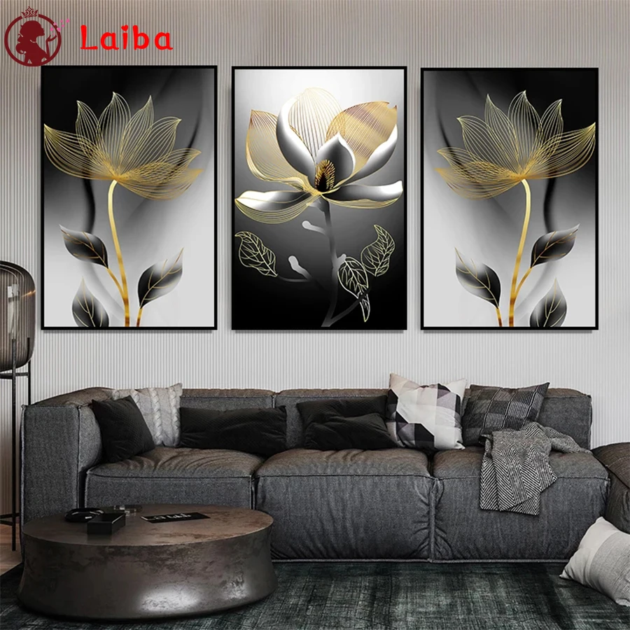 Diamond Painting Abstract Black Golden Flower Cross Stitch Diamond Mosaic Picture Embroidery crystal Beaded Handicraftx3pcs