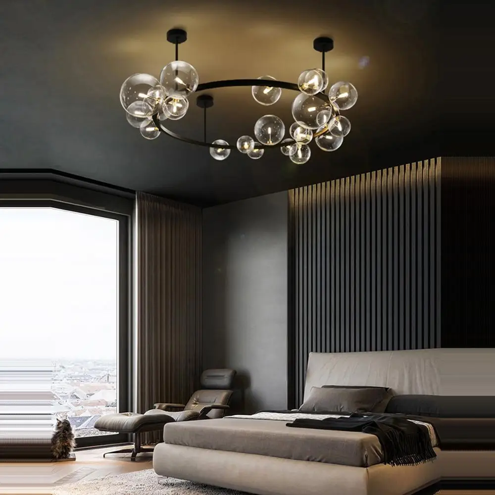 G9 LED Postmodern Round Iron Glass Bubbles Gold Black Chandelier Lighting Lustre Suspension Luminaire Lampen For Dinning Room