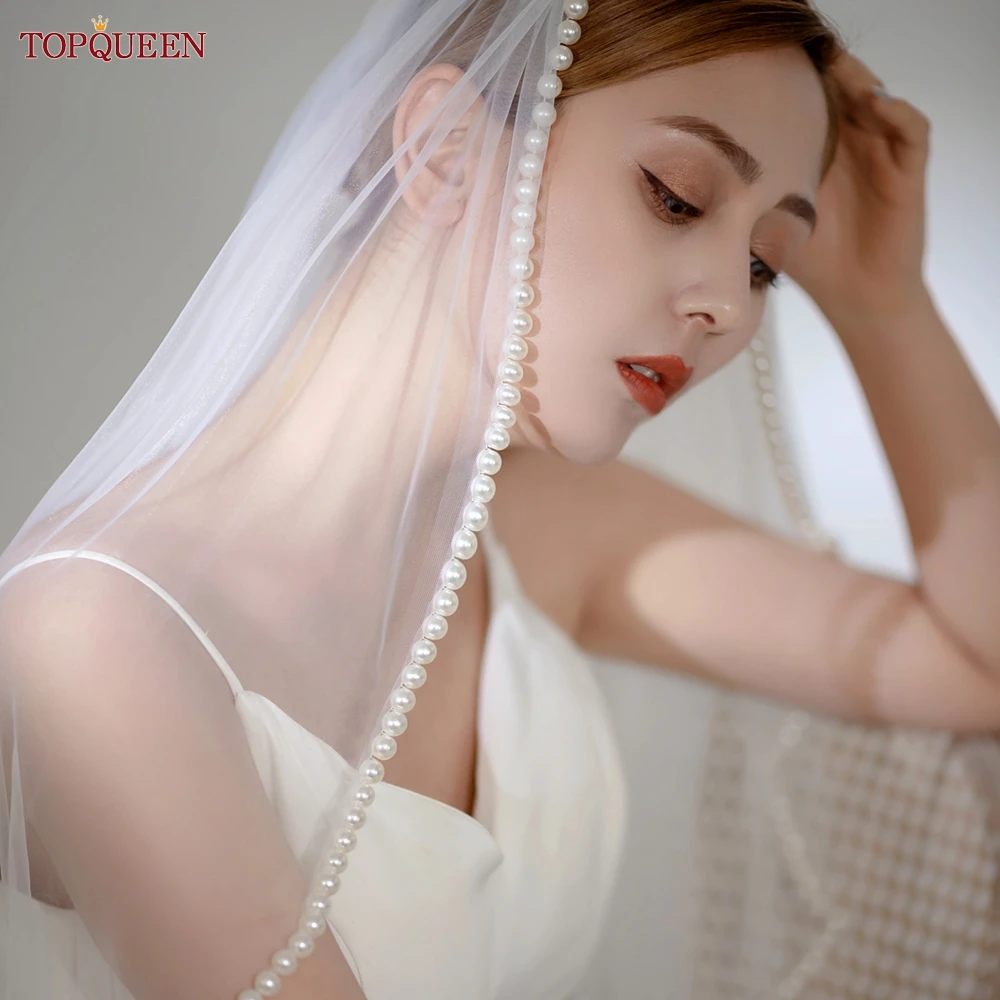 TOPQUEEN V119 طبقة واحدة طول الإصبع لؤلؤة الحجاب الزفاف الزفاف كريستال مطرز بلينغ الزفاف لينة تول الحجاب مع مشط