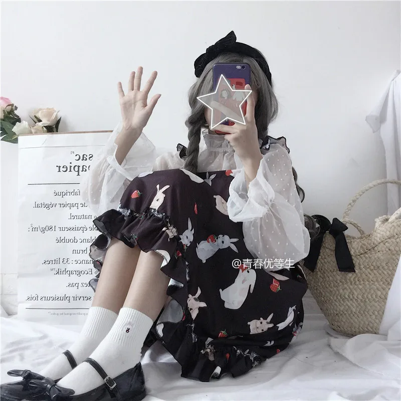 Japanese sweet lolita dress vintage lace high waist cute printing victorian dress kawaii girl gothic lolita jsk loli cos