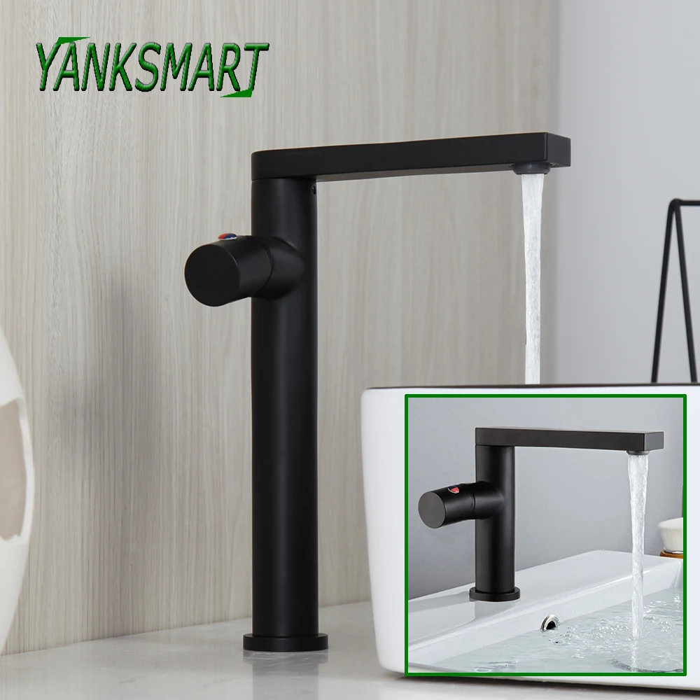 

YANKSMART Matte Black Single Handle Bathroom Faucet Basin Sink Deck Mount Cold & Hot Mixer Water Tap Single Hole Washbasin Taps