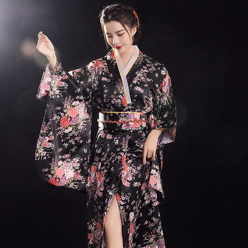 Japanese Traditional Yukata Kimono With Obi Vintage Women Evening Dress Geisha Kimono Vintage Women Stage Show Costume Cosplay