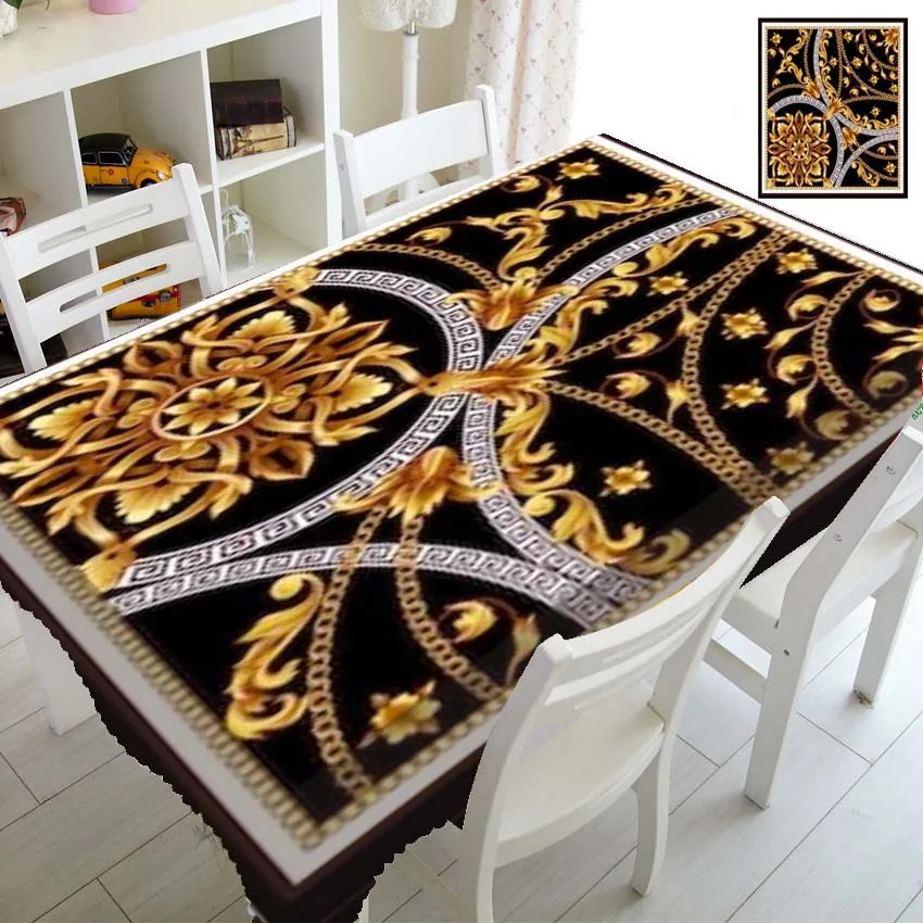 Black Gold Baroque Golden Damask Tablecloth Rectangle Square Table Cloth Covers for Birthday Table Wedding Party Decor Greek Key