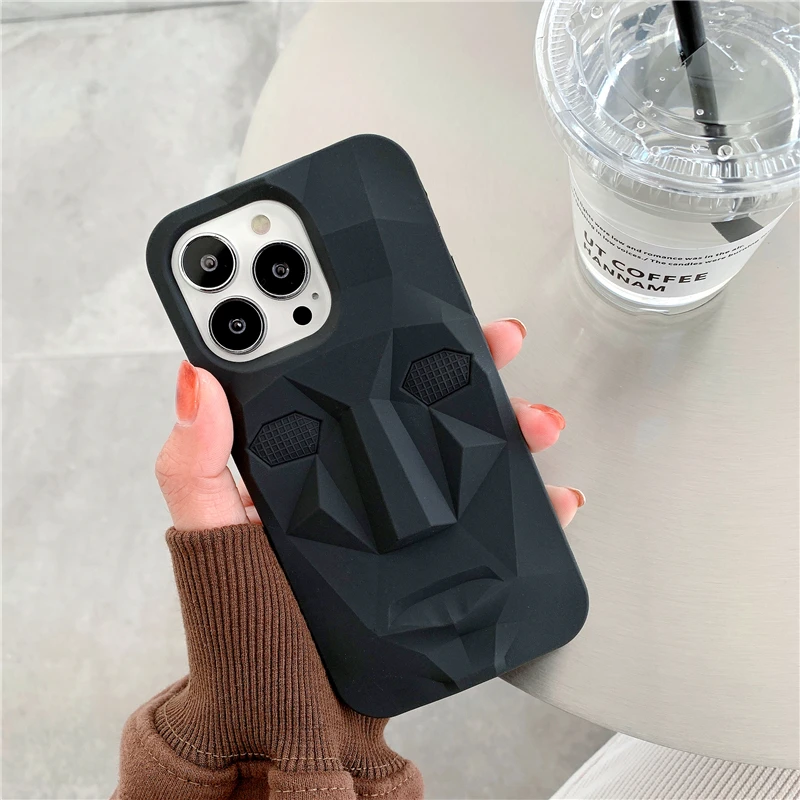 3D Man in Black Mask Easter Island Stone Statue Silicon phone case for iphone 14 Pro 12 11 13pro Max Xs Xr 7 8 Plus X soft cover