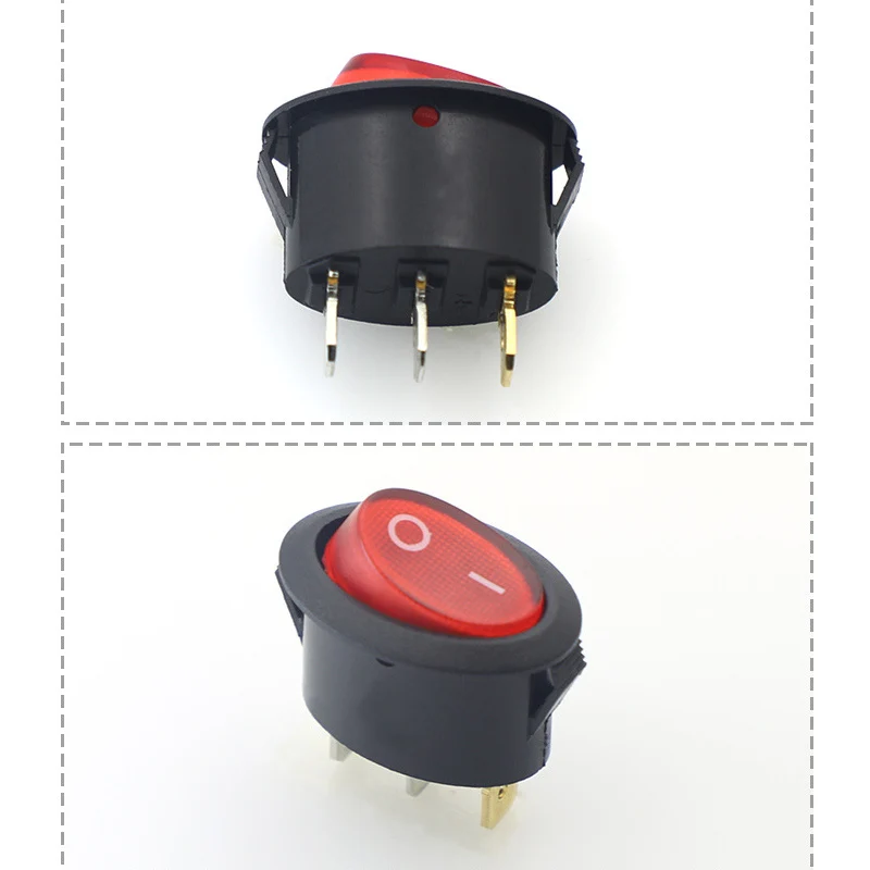 2pcs Black Oval Round 3pin On Off Rocker Switch With Red Light KCD1 Electrical Contact Switch Push Button Switch 10A 250V 125V