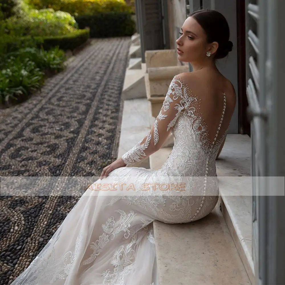 Vestido de novia de sirena Vintage, apliques de encaje con cuello en V, Mangas de ilusión, tren de barrido de botones, vestidos de novia, Ves