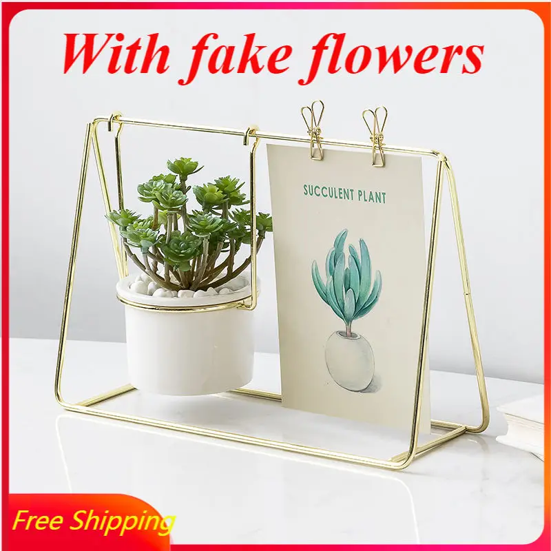 

Nordic Ins Iron Art Succulent Plant Potted Plant with Photo Frame Ornaments Fake Flower Potted Furnishings Cool Ceramic Vase