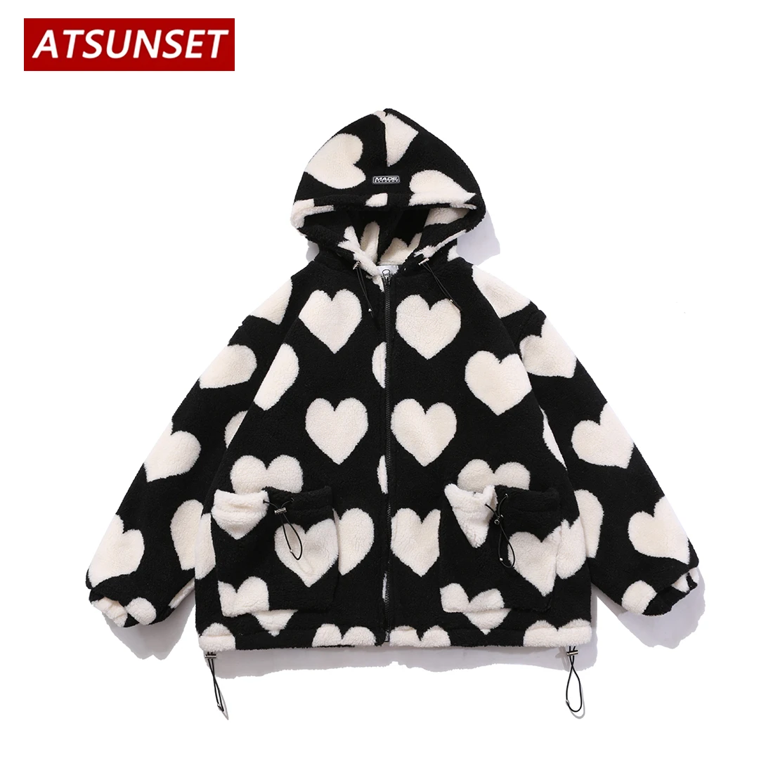 ATSUNSET Cute Heart Shaped Print Lambswool Hooded Cotton Coat Thick Warm Harajuku Winter Jacket  High Street Couple Streetwear