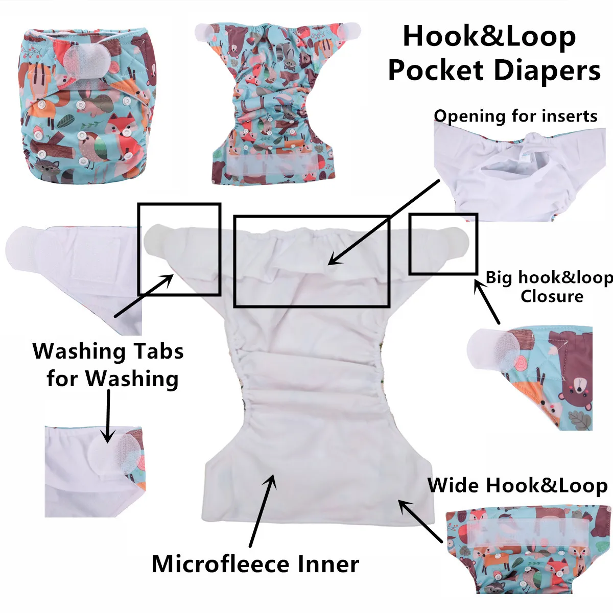 [Sigzagor]1 Baby Pocket Cloth Diaper Nappy Hook Loop Wide Waist Stripe Tabs