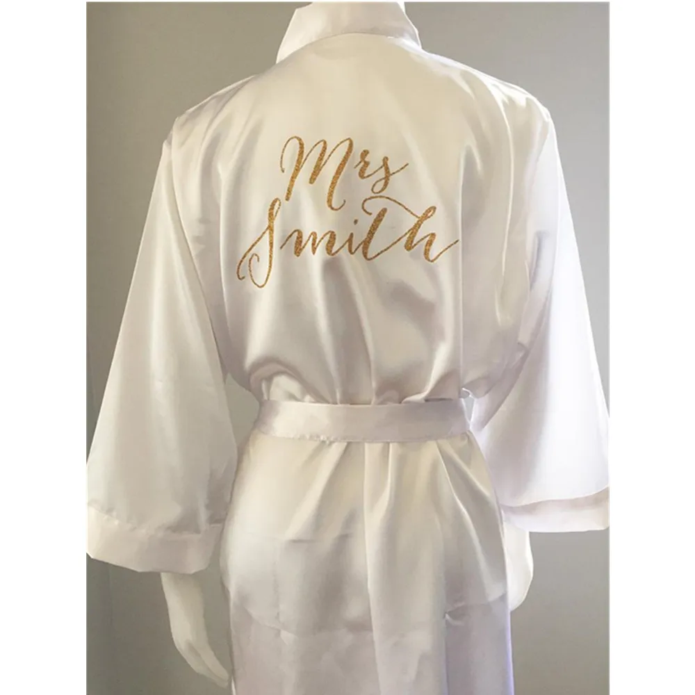 glitter gold silk Sexy Women Nightwear custom bride robe Marriage gift Name hen weekend nightgown Peignoir bridesmaid Bathrobe